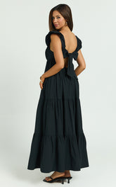 Brienne Midi Dress - Flutter Sleeve Tie Back Dress in Black